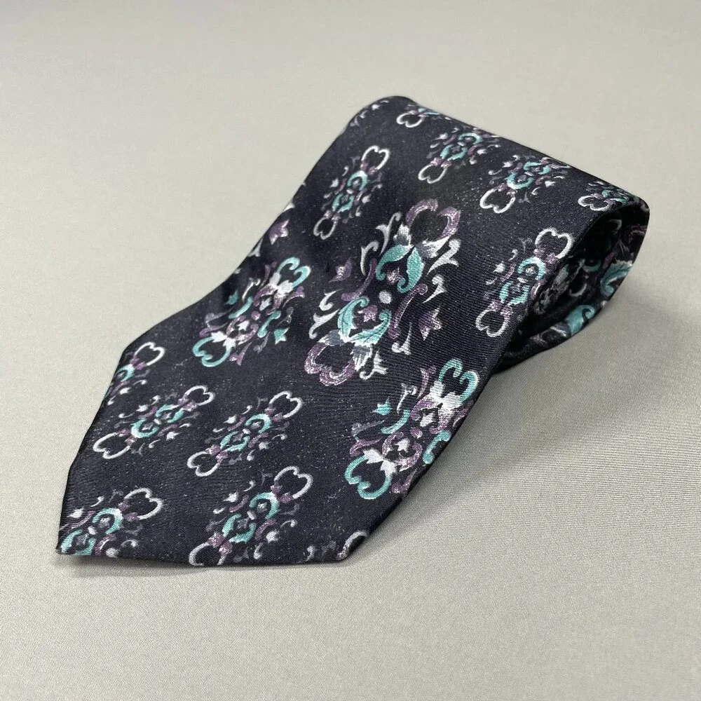 Christian Dior Monsieur Mens Tie black purple blue silk filigree floral designer